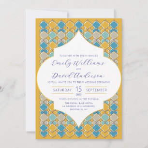 Minimal Moroccan Tiles Yellow Blue Golden QR Code Invitation