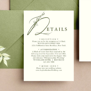 Minimal Moss Green Floral Monogram Wedding Details Enclosure Card