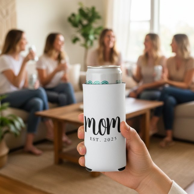 Minimal Mum Established Gift New Mum Seltzer Can Cooler (modern black and white seltzer can cooler for new mom with custom established date in trendy black )