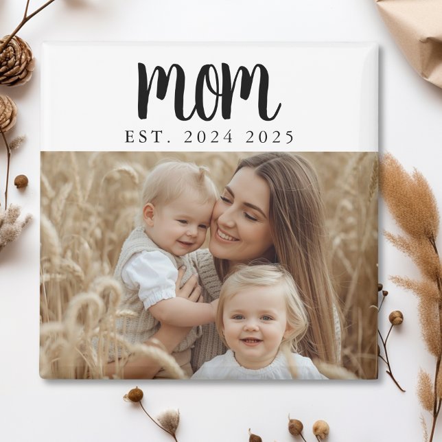 Minimal Mum Established Photo Gift Magnet (modern script mom established date magnet for new mom or photo stocking stuffer mothers day gift)