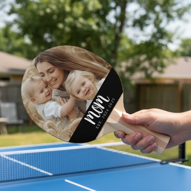 Minimal Mum Established Script Black Photo Ping Pong Paddle (fun custom photo mom established date years ping pong paddle gift for mother's day or christmas)