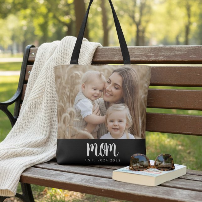 Minimal Mum Established Script Black Photo Tote Bag (modern mom established custom date and photo tote bag for mother's day or Christmas gift from kids)