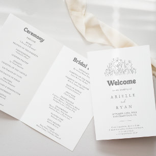Minimal Muted Grey Wildflower Folded Wedding Programme