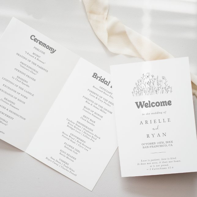 Minimal Muted Grey Wildflower Folded Wedding Programme (Creator Uploaded)
