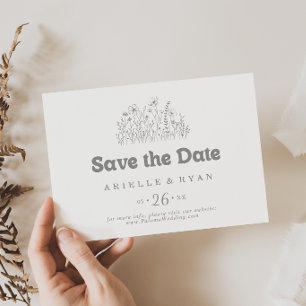 Minimal Muted Grey Wildflower Horizontal Wedding Save The Date