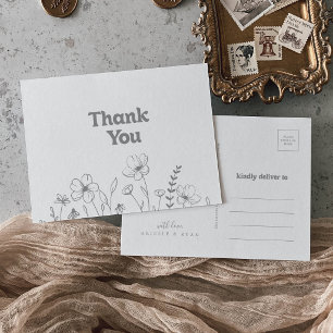 Minimal Muted Grey Wildflower Thank You Postcard