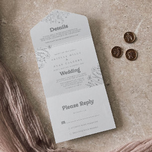 Minimal Muted Grey Wildflower Wedding All In One Invitation
