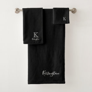 Minimal Name   Monogram Colour Match Solid Black Bath Towel Set
