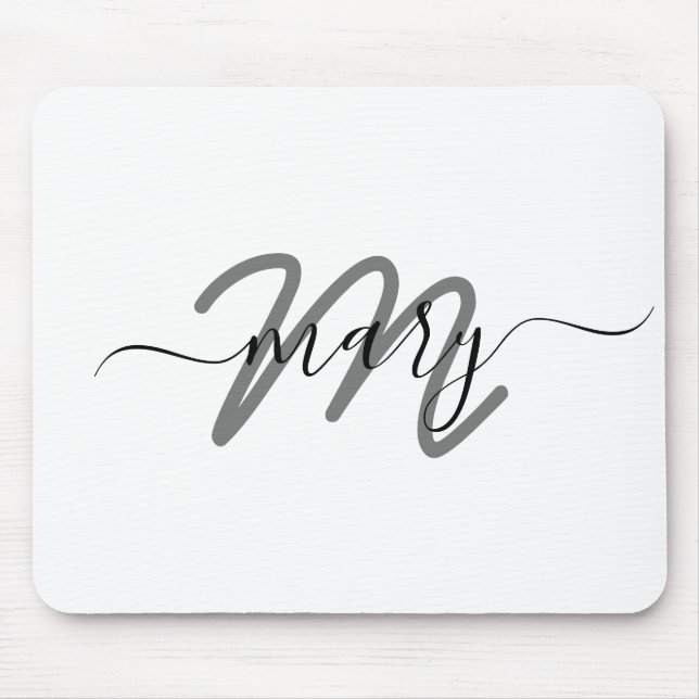 Minimal Name Monogram White Grey Grey Mouse Pad (Front)