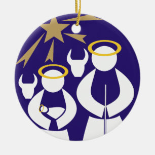 Minimal Nativity Scene Christmas blue Ceramic Tree Decoration