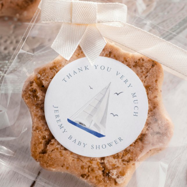 Minimal Nautical Sailboat Baby Shower Ahoy Boy's Classic Round Sticker (Creator Uploaded)