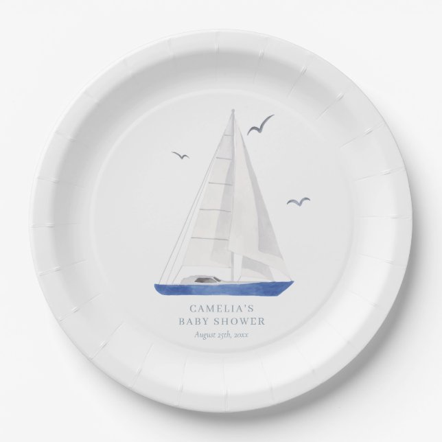Minimal Nautical Sailboat Baby Shower Ahoy Boy's Paper Plate (Front)