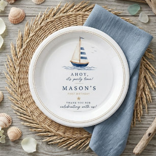 Minimal Nautical Sailboat First Birthday Paper Plate