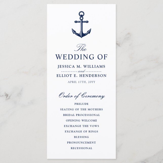 Minimal Nautical Wedding Program Programme (Front)