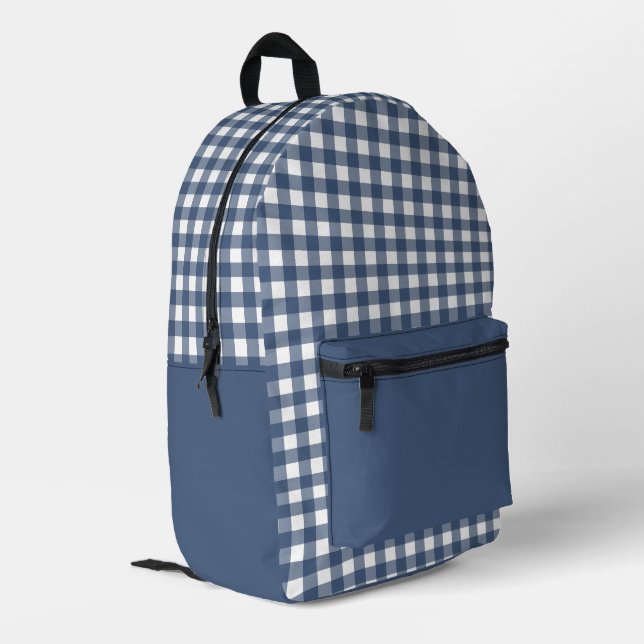 Minimal Navy Blue and White Plaid Pattern Printed Backpack (Back Corner Left)