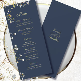 Minimal Navy Blue Background Gold Script Menu Invitation