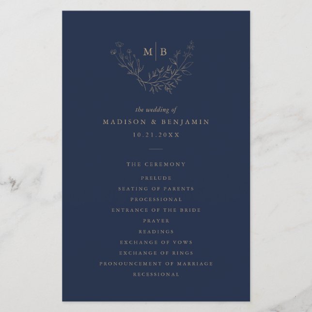 Minimal Navy Blue Formal Monogram Wedding Program (Front)