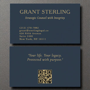 Minimal Navy Blue Gold Legal QR Code  Business Card
