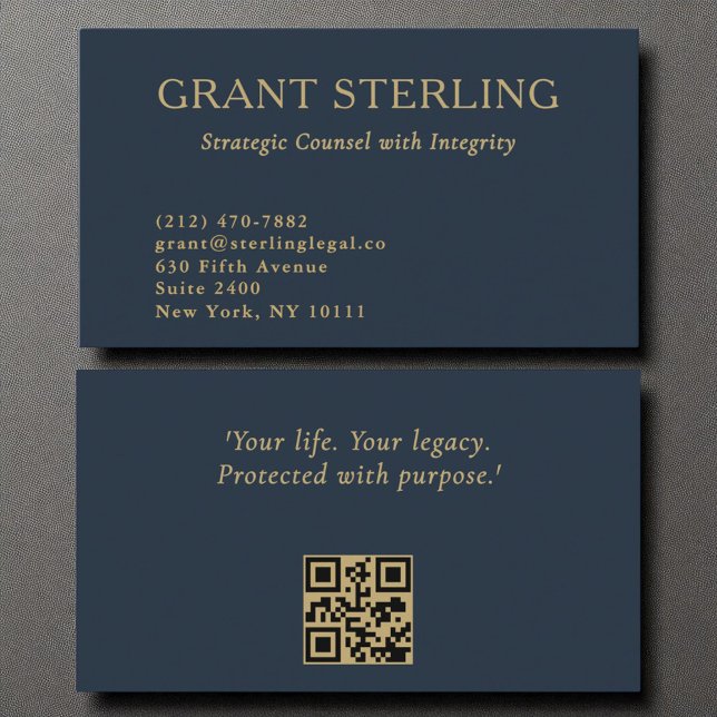 Minimal Navy Blue Gold Legal QR Code  Business Card (Creator Uploaded)