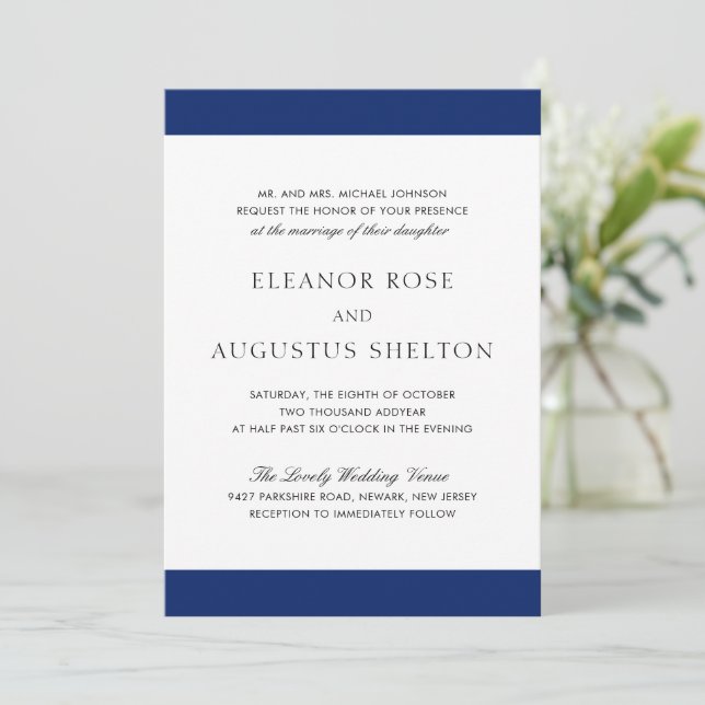 Minimal Navy Blue Modern All In One Wedding Invitation (Standing Front)