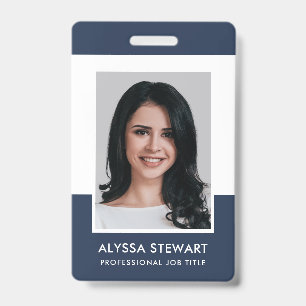 Minimal Navy Blue Modern Photo Employee Staff ID Badge