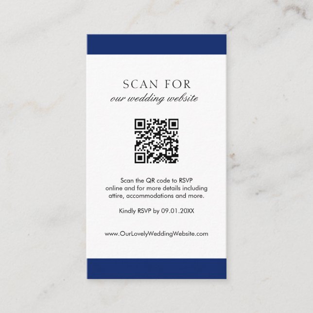 Minimal Navy Blue Modern QR Code Wedding Enclosure Card (Front)