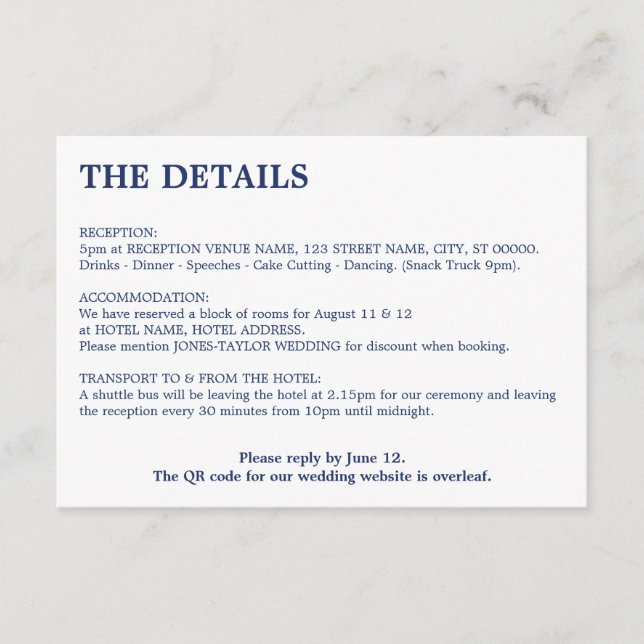 Minimal Navy Blue QR Code Wedding Details Enclosure Card (Front)