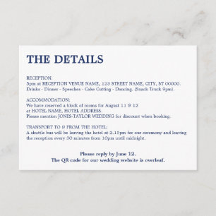 Minimal Navy Blue QR Code Wedding Details Enclosure Card