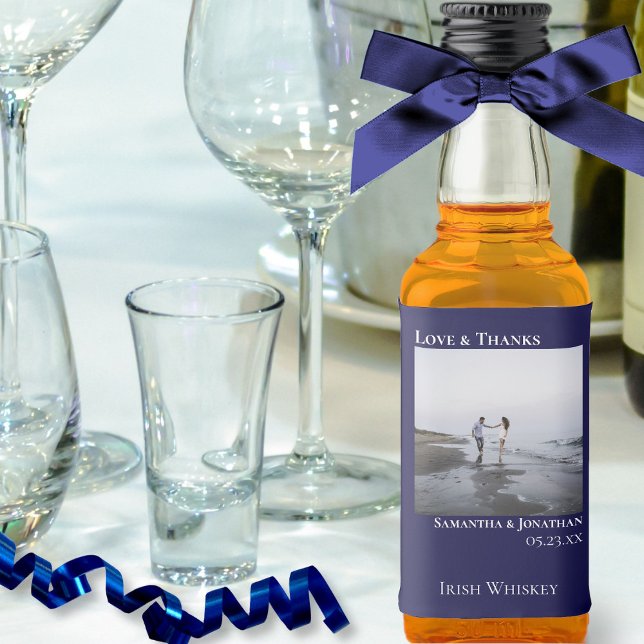 Minimal Navy Blue Wedding Photo Love & Thanks Mini Liquor Bottle Label (In Situ with Ribbon & Bow)