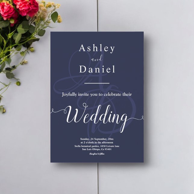 Minimal Navy Blue White Monogram Delicate Wedding Invitation (Creator Uploaded)