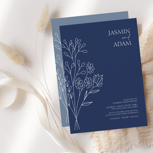 Minimal Navy Blue White Wildflowers Wedding Invitation (Creator Uploaded)