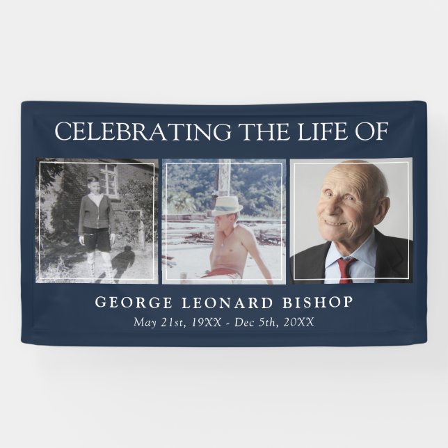 Minimal Navy Celebration of Life 3 Photos Funeral Banner (Horizontal)