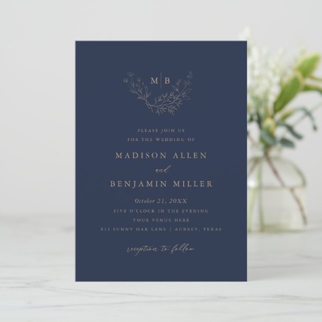 Minimal Navy Gold Botanical Monogram Wedding Invitation (Standing Front)