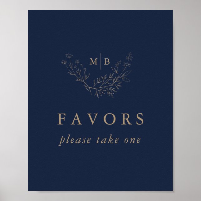 Minimal Navy Gold Monogram Wedding Favours Sign (Front)