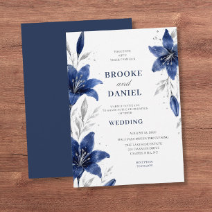 Minimal Navy Lily Silver Branch Wedding Invitation