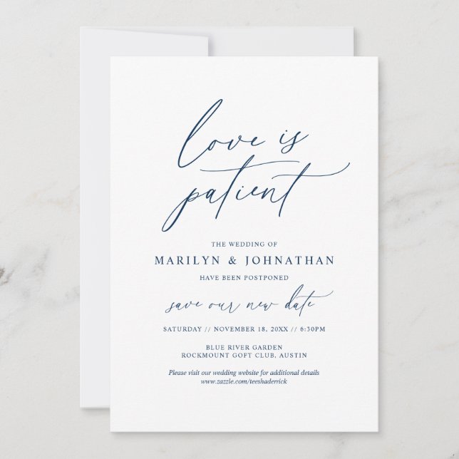 Minimal Navy, Love is patient, wedding postponed Invitation (Front)