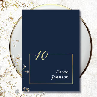 Minimal Navy White Gold Border Elegant Script Table Number