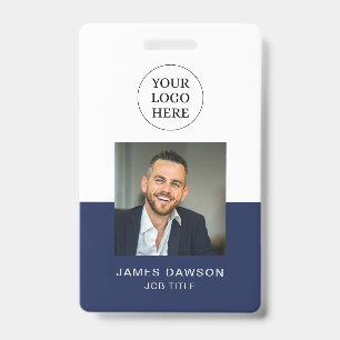 Minimal Navy & White Office Employee Photo ID QR Badge