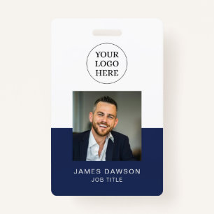 Minimal Navy & White Office Employee Photo ID QR ID Badge