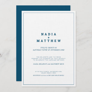 Minimal navy white vertical text wedding invitation