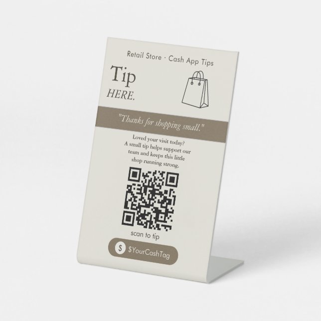 Minimal Neutral Cash App Tips QR Code Sign (Front)