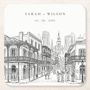 Minimal New Orleans Louisiana Sketch Wedding Square Paper Coaster