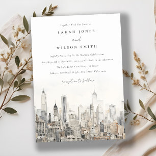 Minimal New York City Skyline Watercolor Wedding Invitation