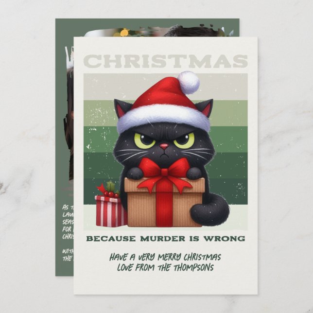 Minimal Nordic Funny Cat Retro Christmas Photo Holiday Card (Front/Back)
