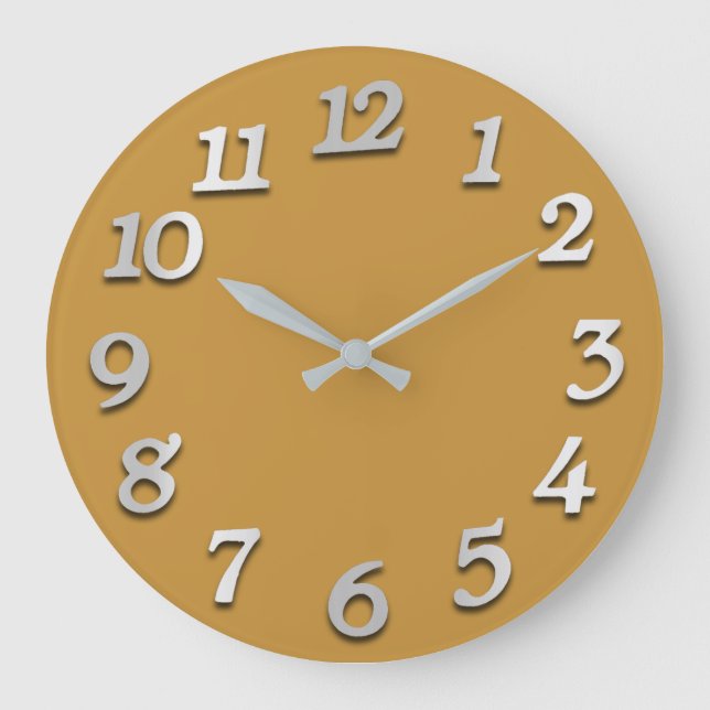 Minimal Numbers Grey Grey Honey Mustard Brown Large Clock (Front)