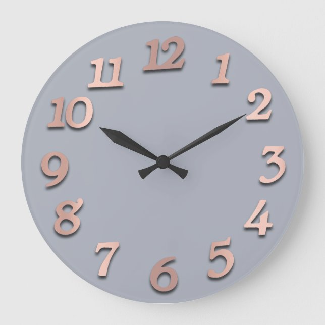 Minimal Numbers Rose Gold Blue Grey Metallic 3D Large Clock (Front)