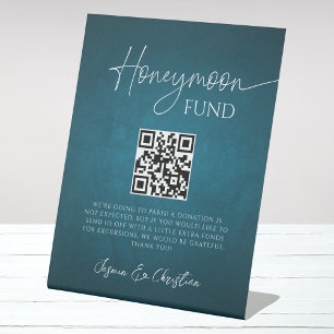 Minimal Ocean Blue Wedding Honeymoon Fund QR Code Pedestal Sign