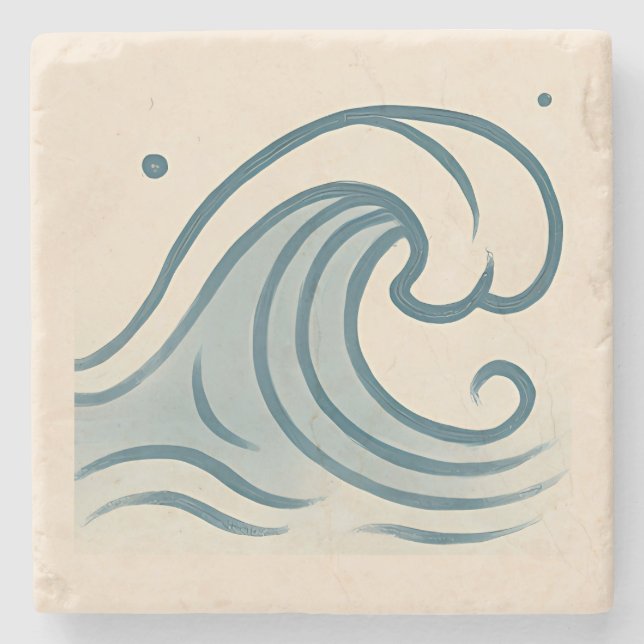 Minimal Ocean Wave Art Tile Stone Coaster (Front)