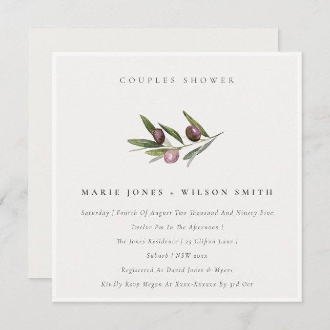 Minimal Olive Branch Foliage Couples Shower Invite (Front/Back)