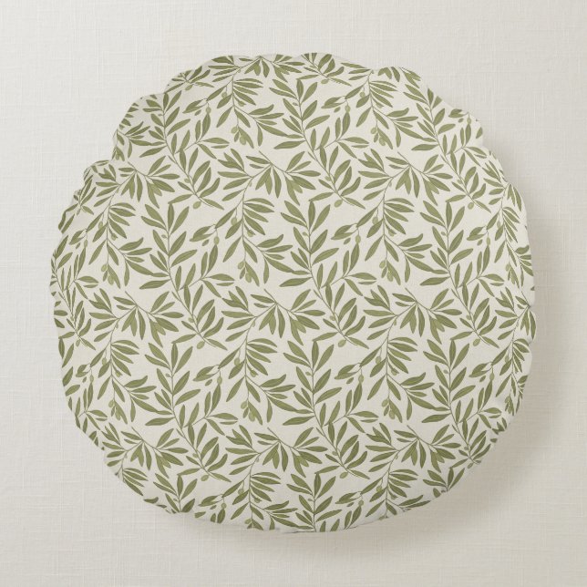 Minimal Olive Branch Pattern Round Cushion (Front)